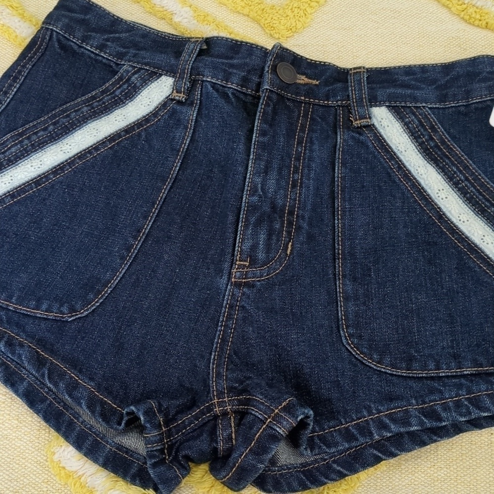 Free People Dark Wash White Eyelet Pockets Trim High Waisted Shorts - Picture 5 of 7